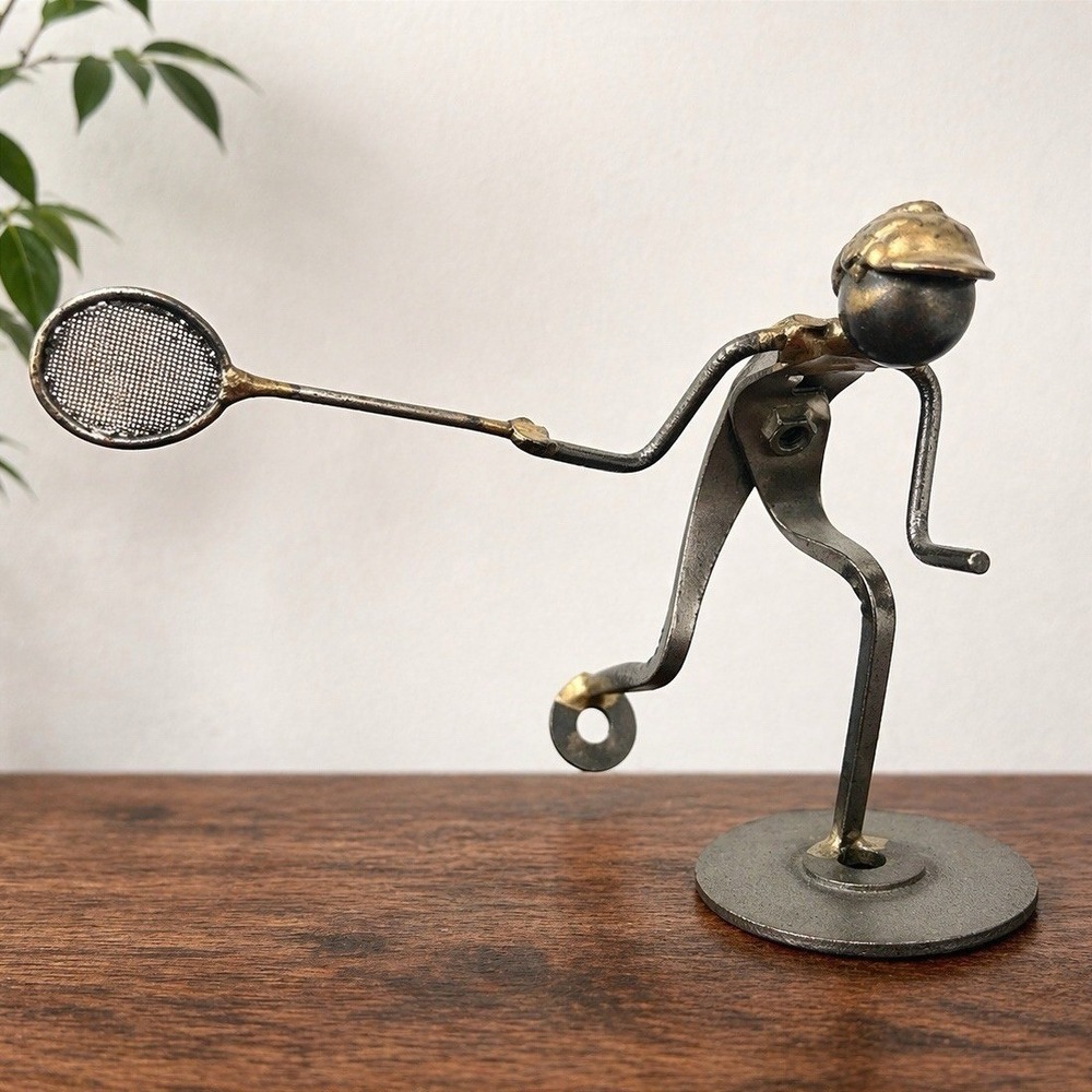 Vintage Metal Tennis Player Sculpture in Brass and Gunmetal